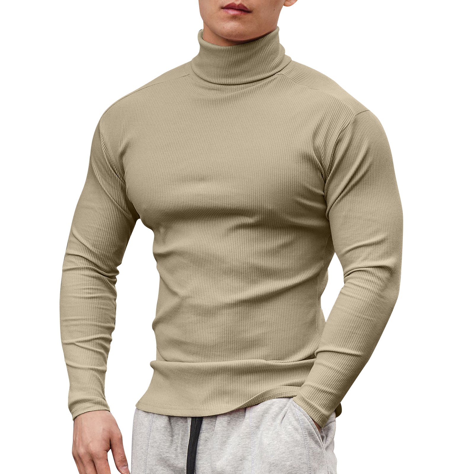 thumbnail image 1 of Camiseta de manga larga y cuello alto para hombre: color liso, corte ajustado, tejido elástico, para uso informal en primavera/verano., 1 of 5